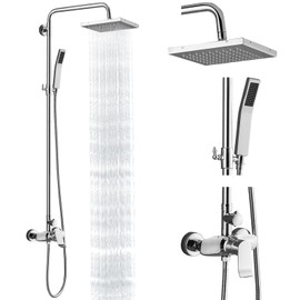 Polish Chrome Exposed Shower System 2 Functional Bathroom Shower Set 8 Inch Square Rainfall Shower Head with Hand Sprayer Wall Mounted