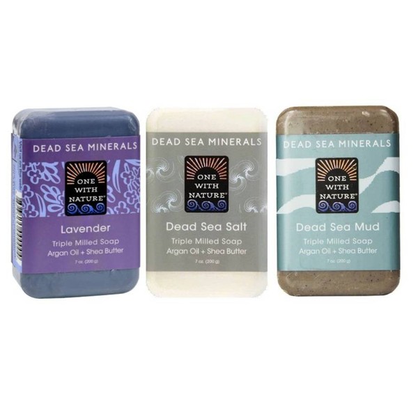 One With Nature Dead Sea Minerals Bar Soap 3 Fragrance Variety Bundle: (1) Dead Sea Lavender, (1) Dead Sea Salt, and (1) Dead Sea Mud, 7 Oz. ea.