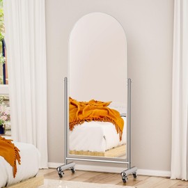 Large Arched Full Length Mirror on Wheels, Rolling Floor 65" x 23" With Stainless Steel Frame and Stand, Mobile Tilting Swivel Modern Dressing Body Mirror, Home Decor, Silver