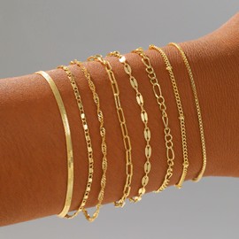 Relveo Gold Bracelets for Women,14K Real Gold Plated Bracelets Stack Trendy Jewelry Sets Stackable Snake Chain Figaro Paperclip Link Chain Adjustable Bracelet Pack Jewelry for Women