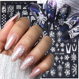 Christmas Nail Art Stickers Decals 5D Embossed Xmas White Snowflake Tree Nail Adhesive Sticker Designs Winter Holiday Engraved Snow Nail Transfer Decal for Women Girls Manicure Tips Decorations