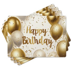 Aimego Birthday Placemats Set of 4 - Gold Happy Birthday Balloons Faux Leather Place Mats for Party Kitchen Dining Table Indoor Outdoor Washable Non-Slip Heat Resistant Placemat Wipeable Table Mats