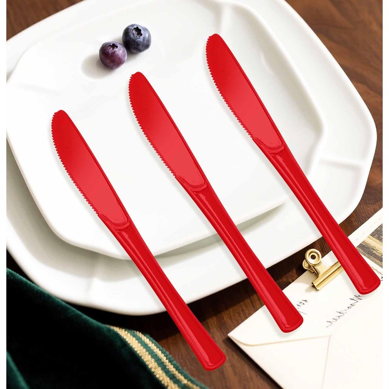 50 PCS Red Plastic Knives Disposable Utensils Heavy Duty Red