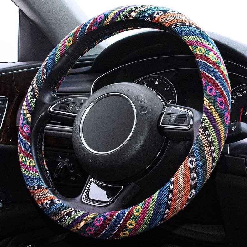 Boho Steering Wheel Cover Elastic Microfiber for Women, Universal Fit