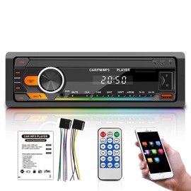 Car Radio Bluetooth 5.0, FM/AM/7 Colours Car Radio with Bluetooth Hands-Free System, 1DIN with 2 USB/AUX/SD/MP3 Players and Remote Control for iOS/Android