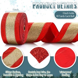 Craftsatin Christmas Glitter Wired Ribbon 4 Inch Wide Stripe Wired Edge Ribbon Holiday Fabric Ribbons for Decor Gift Wrapping Bows Xmas Tree Wreath Garland DIY Crafts (Gold with Red Edge,40 Yard)
