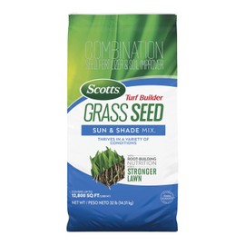 Scotts Turf Builder Grass Seed Sun and Shade Mix with Fertilizer and Soil Improver, Thrives in Many Conditions, 32 lbs.