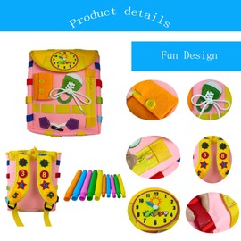 Busy Board - Toddler Backpack with Buckles and Learning Activity Toys - Develop Fine Motor Skills and Basic Life Skills - Learn to Tie Shoes - Children's Travel Toy (Pink)