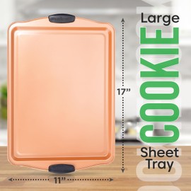 NutriChef Large Nonstick Cookie Sheet for Baking - 17" x 11" Carbon Steel Kitchen Oven Baking Pan, Premium Restaurant Grade Bakeware w/Black Silicone Handles - Easy to Clean, Copper