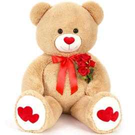 Tezituor Giant Teddy Bear Stuffed Animal 4ft - Big Teddy Bear with Love Red Heart - Brown Large Stuffed Bear Plush Toys for Kid Christmas Birthday - Bear Gift for Girlfriend