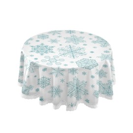 Pfrewn Christmas Turquoise Snowflakes Round Tablecloth Winter Snowman Table Cloth Cover Mat Lace Washable Polyester 60" Dining Decorative for Holiday Home Party Wedding Picnic