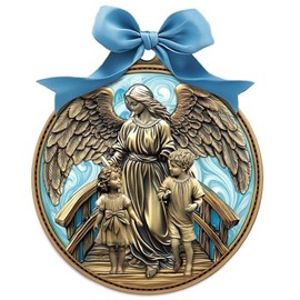 Misdary Guardian Angel Crib Medal Blue Ribbon Round Religious Decor for Baby Nursery Baptism Christening Gift Keepsake Gift, 3 Inch