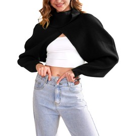Wyeysyt Bolero Sweater for Women Turtleneck Cropped Knit Shrug Long Sleeve Open Front Backless Pullover Y2K Tops(Black-S)