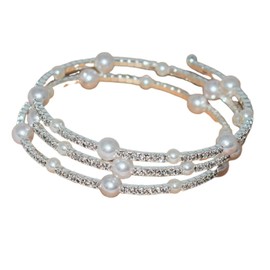 DATOA Sparkling Pearl Rhinestone Multi Layered Stretch Wrap Pearl Bracelet Shiny Vintage Strand Layered Bracelet Gift for Women Brides Wedding - Silver