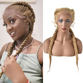 Box Braided Wigs For Black Women Swiss Lace Front With Baby Hair Natural Hairline Hand Tied Dutch Twins Cornrow Size: 24 Inch