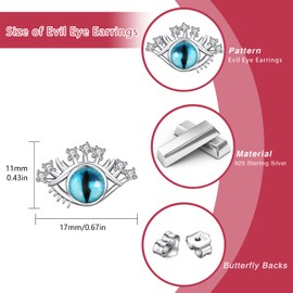 Evil Eye Earrings 925 Sterling Silver Boho Evil Eye Women's Stud Earrings with Zircon Jewellery Gift for Girls, Sterling Silver