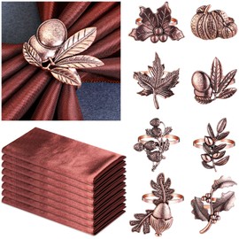 Suttmin 8 Sets Fall Thanksgiving Cloth Napkins and Napkin Ring Holders Reusable 8 Pcs Napkin Ring Holders with 8 Pcs Cloth Napkins for Party Table Decoration (Thanksgiving Fruits Style)