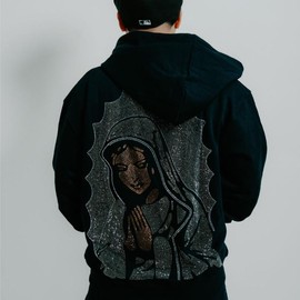 "Virgencita" (Gris) Rhinestone Hoodie - Size: M