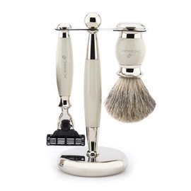 Shaving Set for Men 3 Piece Set - Super Badger Shaving Brush & Triple Edge Razor + Razor Stand & Brush by JAGSHAVING Premium Resin + Metal Handles