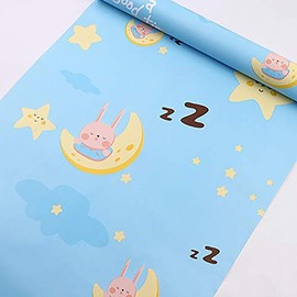 ZAMNEA Vinyl Wallpaper Adorable Sleeping Rabbit Wallpaper Blue Sky with Star Moon Wall Decorative Self Adhesive LinerRemovable Wall Decoration for Kids Room Bedroom Dormitory Office 17.7''x118''