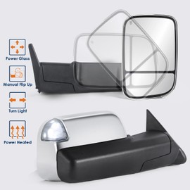 KUIPERAUTO Pair Chrome Power Heated Towing Mirrors Compatible for 1998-2001 Dodge Ram 1500/1998-2002 Dodge Ram 2500 3500 w/White DRL, Led Turn Light