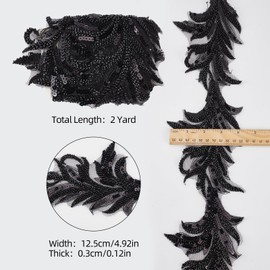letsinstyle 2 Yards Floral Embroidered Sequin Trim, Mesh Sequins Flower Embroidery Ribbon, Black Sewing Accessories for Clothing Wedding Dress Lace Fabric DIY Decoration
