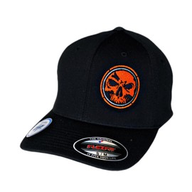 Demons Behind Me Flexfit Hat - Fitted Hat for Men - Never Fade Cap - No Sweat Lines - 100% Polyester - Embroidered in USA - Black and Orange Circle Skull Ring