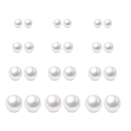 12 Pairs Pearl Stud Earrings, Hypoallergenic Surgical Steel Round Ball Beads Stud Earrings Set for Women（3mm, 4mm, 10mm, 12mm）