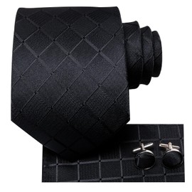Hi-Tie Mens Plaid Ties Classic Paisley Necktie with Handkerchief Cufflinks Set Business Stripe Tie,A Black