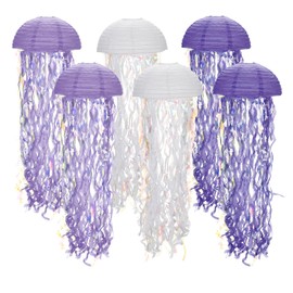 MECCANIXITY 6 Pack Jellyfish Paper Lanterns Hanging Colorful Lanterns Decorations for Ocean Under The Sea Theme Birthday Party, Dark Purple, Purple, White