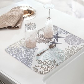 Nautical Coastal Ocean Coral Dish Drying Mat for Kitchen Counter Starfish Beach Grey Drying Pad 1 Pack Absorbent Drying Mats for Countertops Sinks Draining Racks Drainer Summer Decor 18x24 Inch