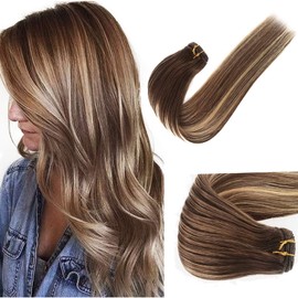 Sew in Weft Hair Extensions Human Hair Weft Extensions Colored Chocolate Brown with Honey Blonde Highlights Real Remy Hair Extensions Double Weft Straight Natural Hair Weave Bundles 100G 16 Inch