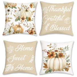 COZZSNUGE Autumn Pumpkin Cushion Covers Beige Orange Pumpkins Floral Fall Thanksgiving Farmhouse Velvety Decorative Pillowcases for Sofa Bed Home Patio 45 x 45 cm Set of 4