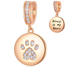 I Love My Pet Theme Charm-18k Yellow/Rose Gold Plated 925 Sterling Silver Dog Paw Print Round Bead Pendant, Fits European Animal Charms Bracelet, Gifts for Mum/Daughter/Grandma, Sterling Silver Cubic