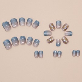 Hkanlre Short Press on Nails Blue Cute Fake Nails Tips Full Cover Square False Cat Eyes Nails for Women 24PCS