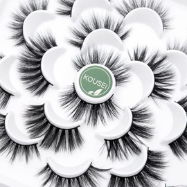 KOUSEI 10 Pairs of 6D Mink Eyelashes, Faux Fluffy Wispy Natural False Eyelashes, Long Thick False Eyelashes, Handmade, Reusable, Dramatic Eyelashes, Pack of 10 Makeup Eyelashes, No Glue, 10 Styles