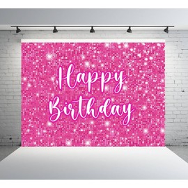 Glitter Hot Pink Birthday Backdrop Girl Birthday Party Decor Shining Pink Circle Sequins Glitter Party Supplies Background for Women Neon Happy Birth Banner Photoshoot 5x3FT