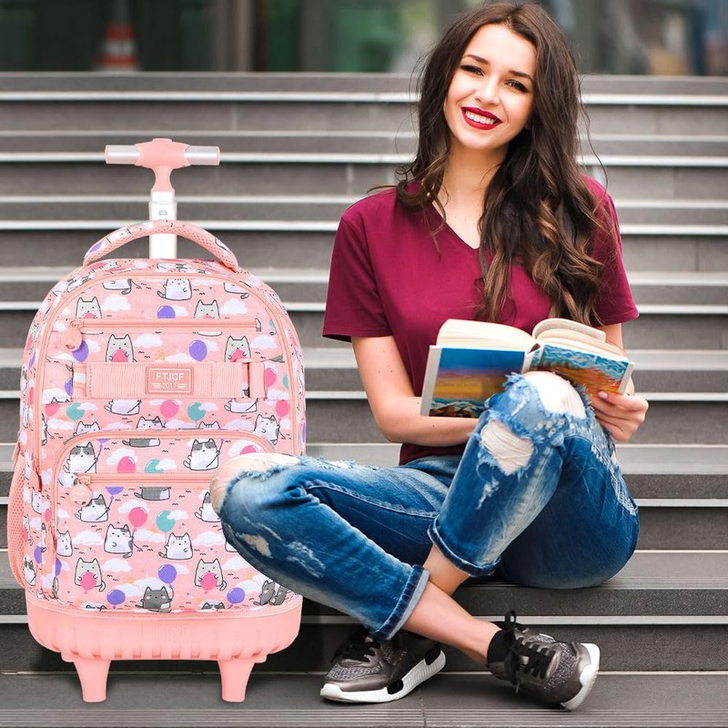 Girls Rolling Backpack, 3PCS Womens Roller Bookbag with Lunch Bag