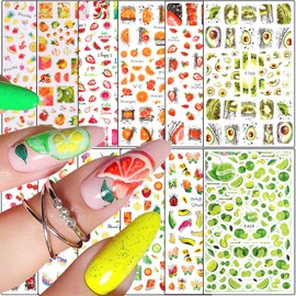 Vezocim Fruits Nail Art Sticker Decals, 3D Summer Fruit Nail Self-Adhesive Sticker Designs, Lemon Watermelon Strawberry Cherry Avocado Nail Transfer Decal for Women Girls Manicure Tips Decorations