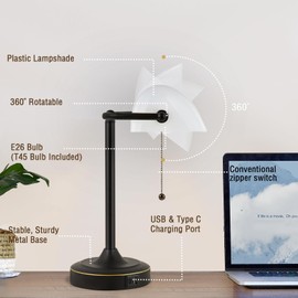 Vintage Desk Lamp Bankers Lamp - Black Retro Table Lamp with USB & Type C Charging Ports Traditional Pull Chain Switch Library Lamp for Home Office Nightstand Bedroom Side Table Lamp(Bulb Included)