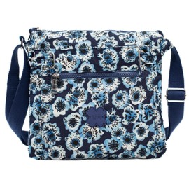 Medium Size Lightweight Fabric Multi Zip Compartment's Womens Messenger Crossbody Shoulder Bag - Ava (Blue Daisy)