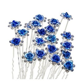 MontCherry Brand Rose Flower Crystal Diamante Wedding Bridal Prom Hair Pins 10 pins by Trendz (Royal Blue)