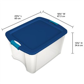 Sterilite 18 Gal Latch and Carry, Stackable Storage Bin with Latching Lid, Plastic Container to Organize Closets, Clear with Blue Lid, 6-Pack
