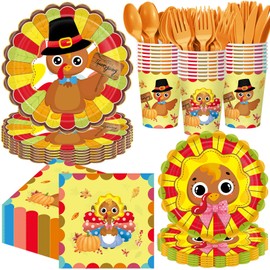 Pickmesh 400 Pcs Turkey Thanksgiving Party Supplies Include Disposable Paper Plates Napkins Cups Cutlery Harvest Dinnerware for Fall Autumn Thanksgiving Party Decorations Serve 50