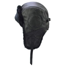 Yosang Aviator Pilot Hat Leather Winter Trapper Trooper Faux Fur Ear Flaps Hat Black