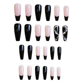 QQPPOLIU Long Press on Nails Coffin Shape Black Glue on Nails with Rhinestones Design French Tip Fake Nails Glossy Stick on Nails for Women 24pcs