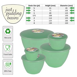 Just Pudding Basins Green Space Saving Set of Plastic Steam Pudding Bowls and Lids 5 Popular Sizes Up to 3 Pints
