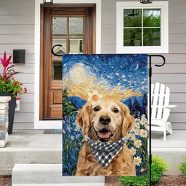 DLZDN Spring Dog Garden Flag Golden Retriever Floral Flag 12×18 Inch Double Side Vertical Burlap Farmhouse Yard Flag Seasonal Outdoor House Decoration
