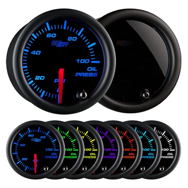 GlowShift Tinted 7 Color 100 PSI Oil Pressure Gauge Kit - Includes Electronic Sensor - Black Dial - Smoked Lens - for Car & Truck - 2-1/16" 52mm