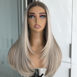 mytonecoo Pre Cut No Glue Lace Wig Ash Blonde Wear and Go Glueless Synthetic Lace Front Wig for Women with Bangs Layered Straight Wigs Pre Plucked Highlight Dirty Blonde Wig 3 Seconds to Wear 20Inch